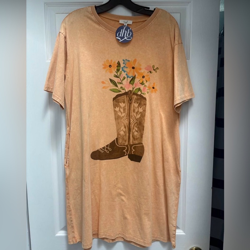 easel Peach Graphic T-Shirt Dress with Cowboy Boot Floral